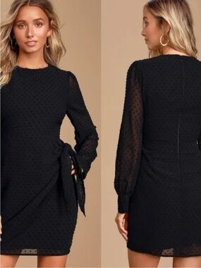 Lulus Much Love Black Long Sleeve Swiss Dot Tie-Waist Mini Sz XL never worn